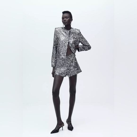 Zara Silver Sequin Blazer Size Small - Picture 2 of 11